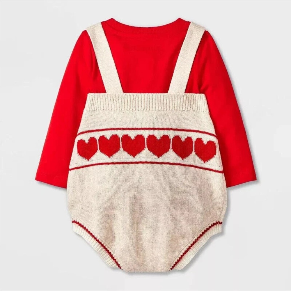 Cat & Jack Baby 2 Piece Long Sleeve Shirt & Knit Heart Romper - Red 3-6M - Picture 2 of 6